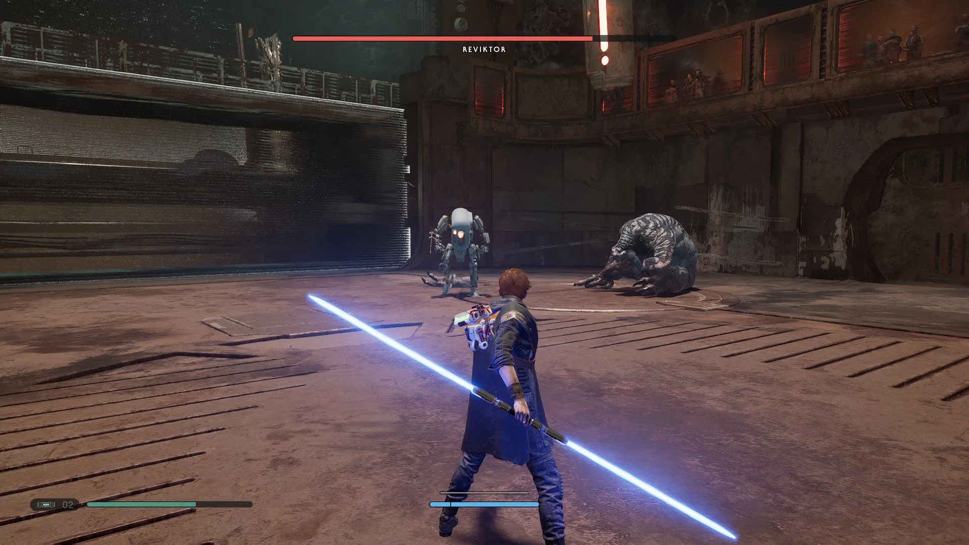 Cal Kestis, nhân vật chính của Star Wars Jedi: Fallen Order, cầm lightsaber màu xanh đứng giữa khu rừng