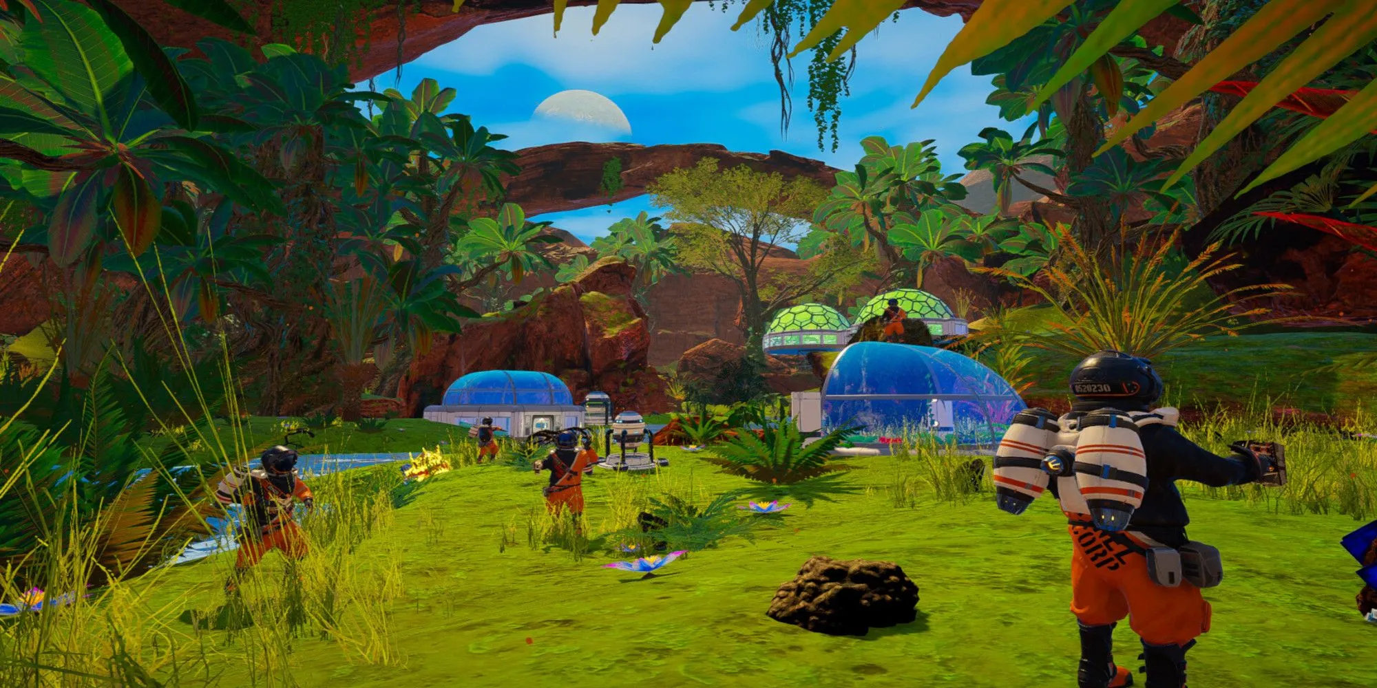 Căn cứ với nhà bong bóng và khu đất trồng trọt trong The Planet Crafter, thể hiện quá trình kiến tạo hành tinh