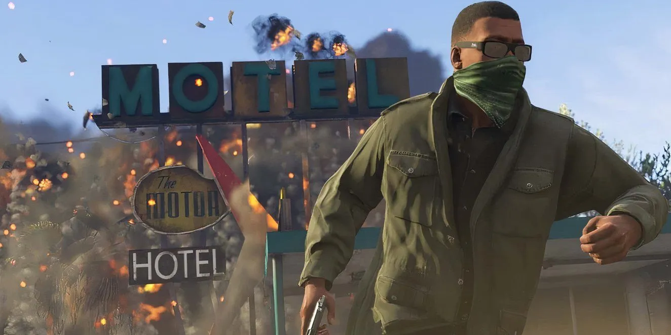 Cảnh cháy nổ hỗn loạn trên đường phố Los Santos trong GTA 5, thể hiện lối chơi tàn phá.