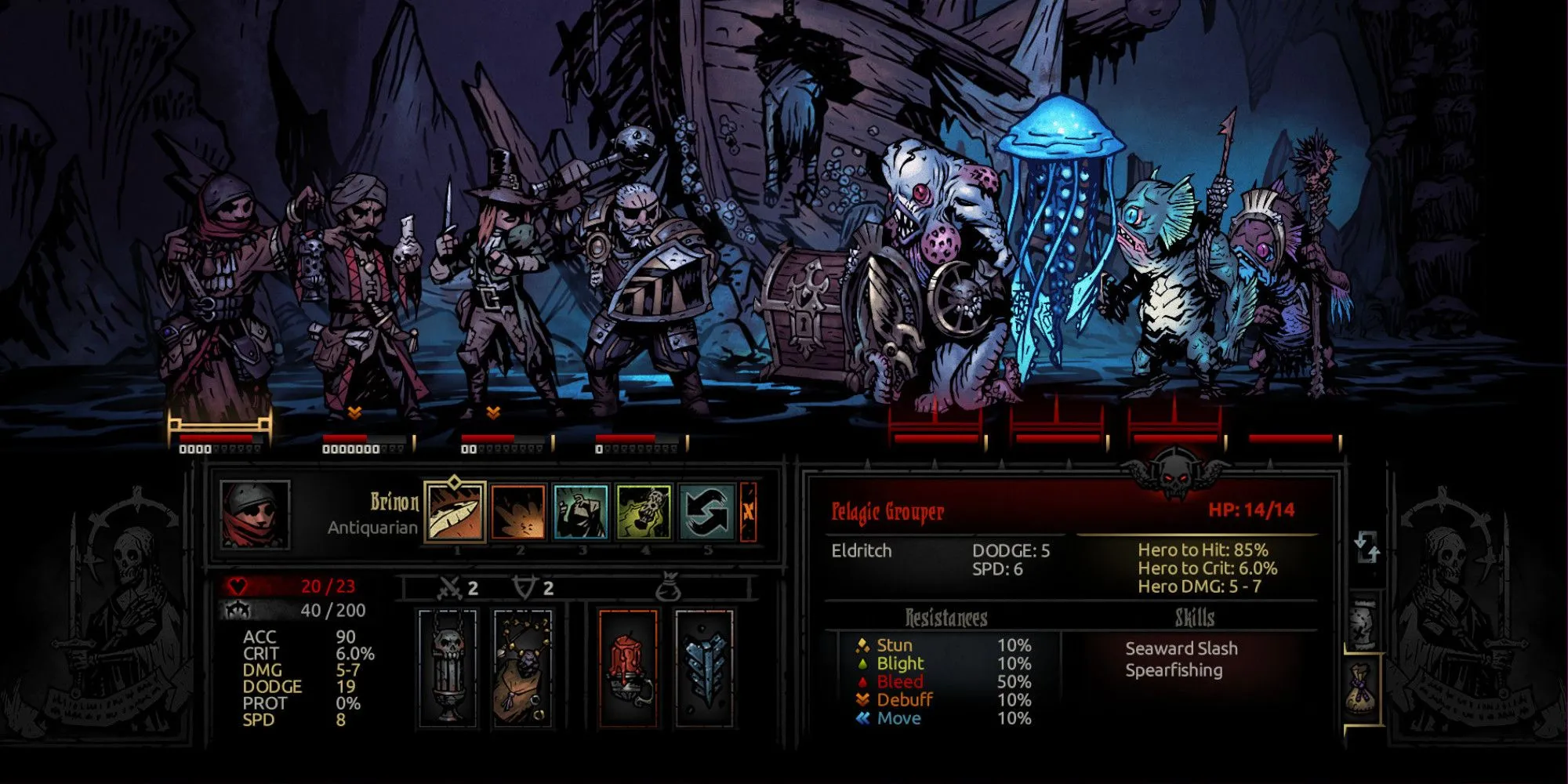 Cảnh chiến đấu căng thẳng trong Darkest Dungeon với thanh máu và stress của nhân vật