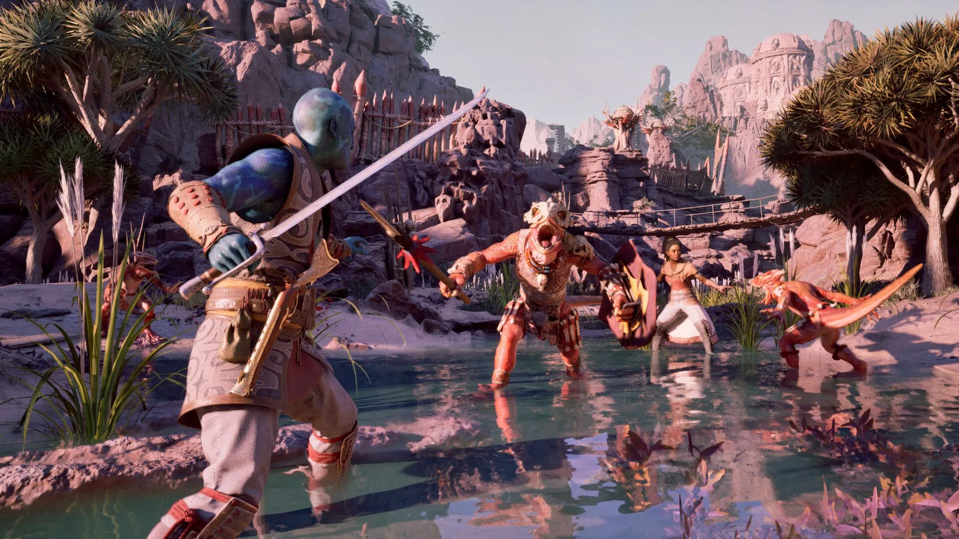 Cảnh chiến đấu góc nhìn thứ nhất trong game RPG giả tưởng Avowed trên Xbox Game Pass