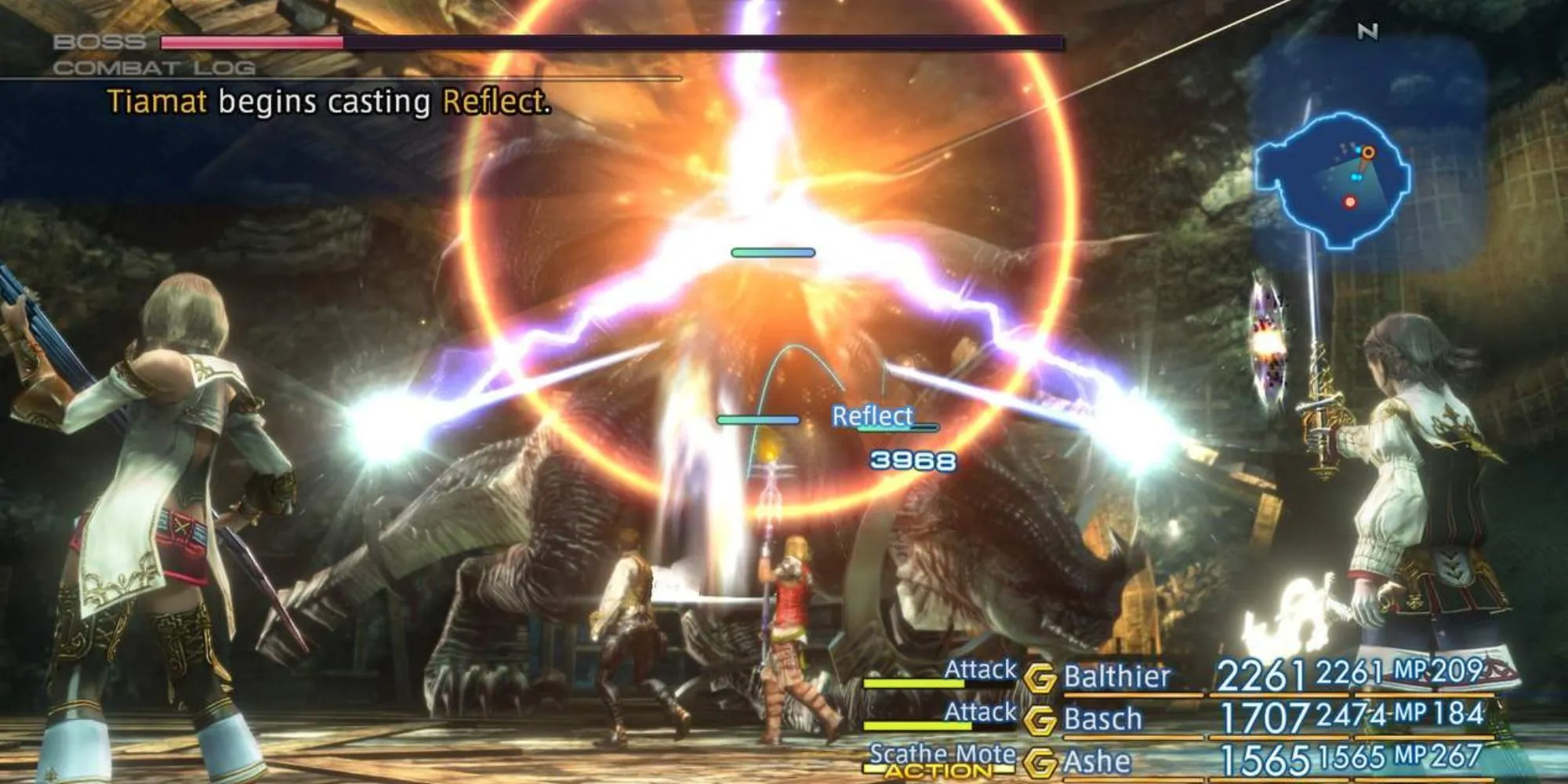 Cảnh chiến đấu hoành tráng với boss trong Final Fantasy XII, minh họa những thử thách cuối game