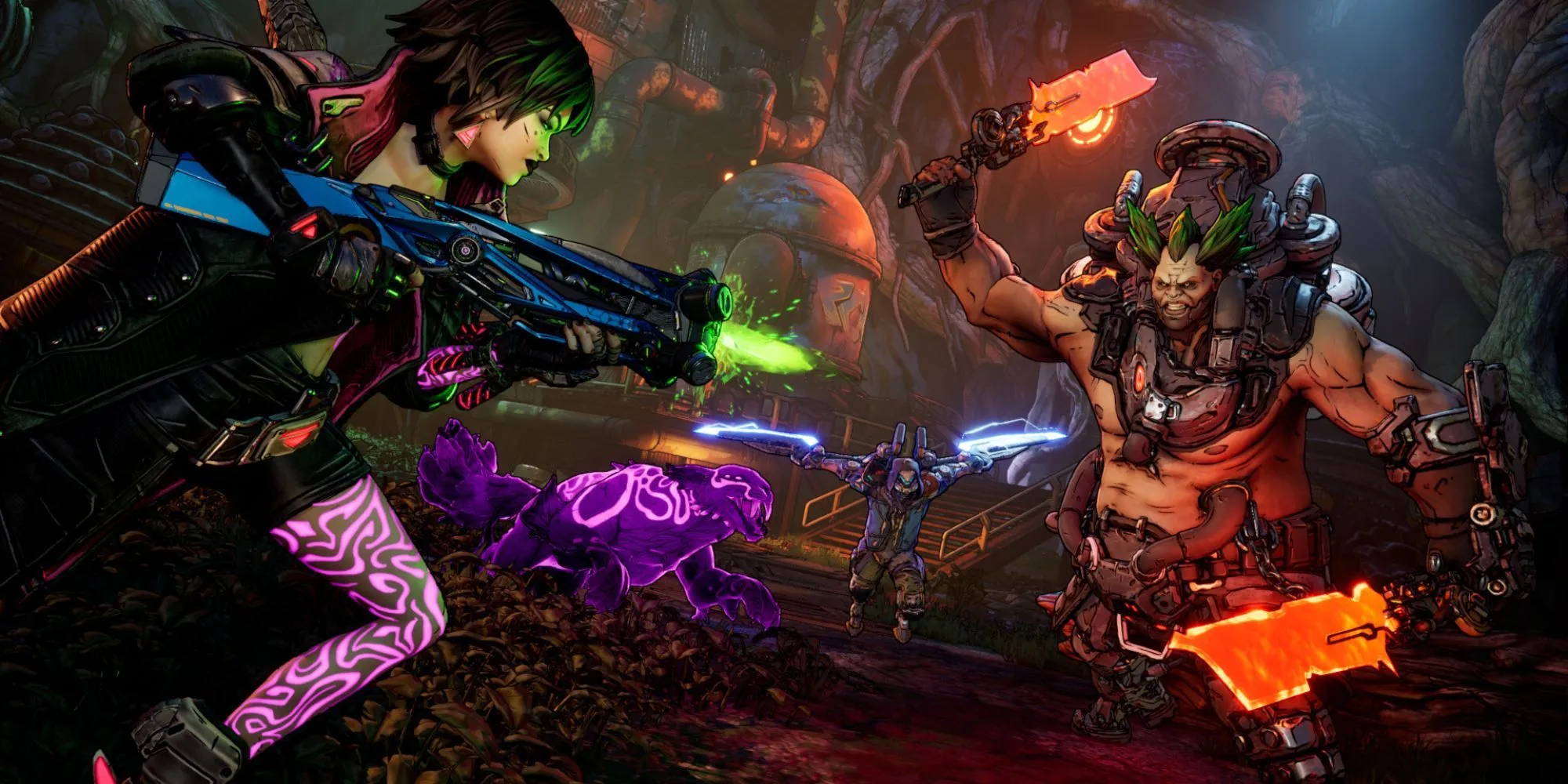 Cảnh chiến đấu trong Borderlands 4 với nhân vật Vex và Rafa phối hợp