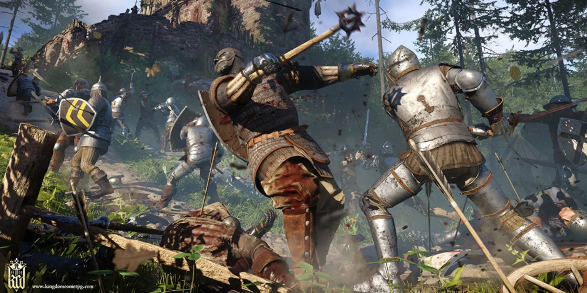 Cảnh chiến đấu trong Kingdom Come: Deliverance, một hiệp sĩ dùng chùy tấn công kẻ địch