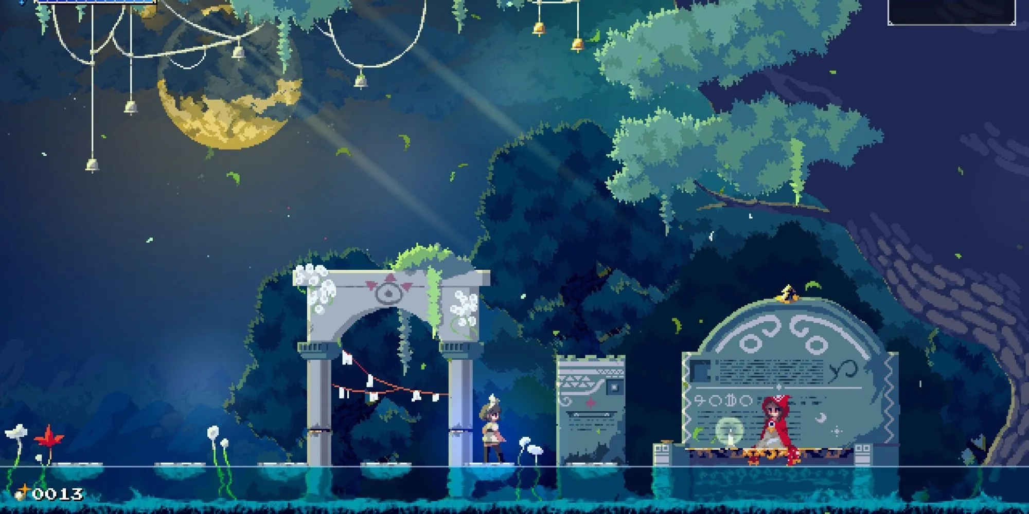 Cảnh chiến đấu trong Momodora Moonlit Farewell với nhân vật chính và kẻ thù