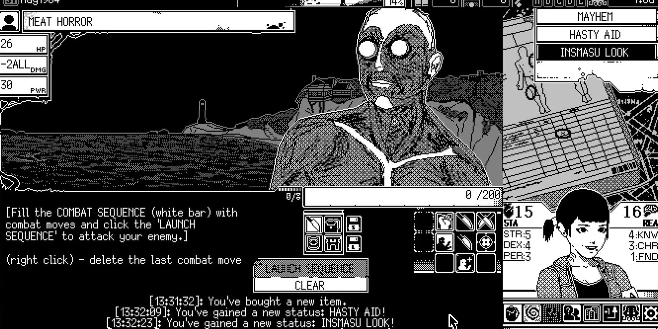 Cảnh chiến đấu trong World of Horror với quái vật thịt