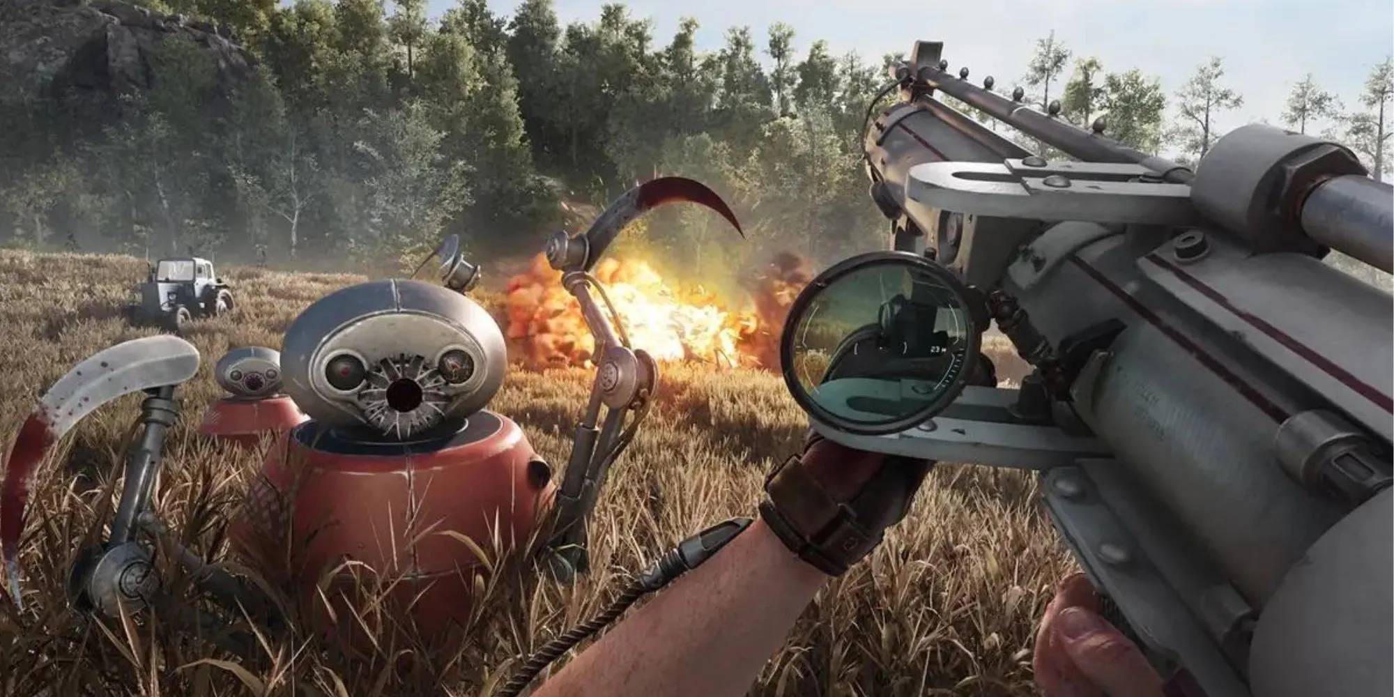 Cảnh chiến đấu với robot nông nghiệp trong thế giới đặc sắc của Atomic Heart