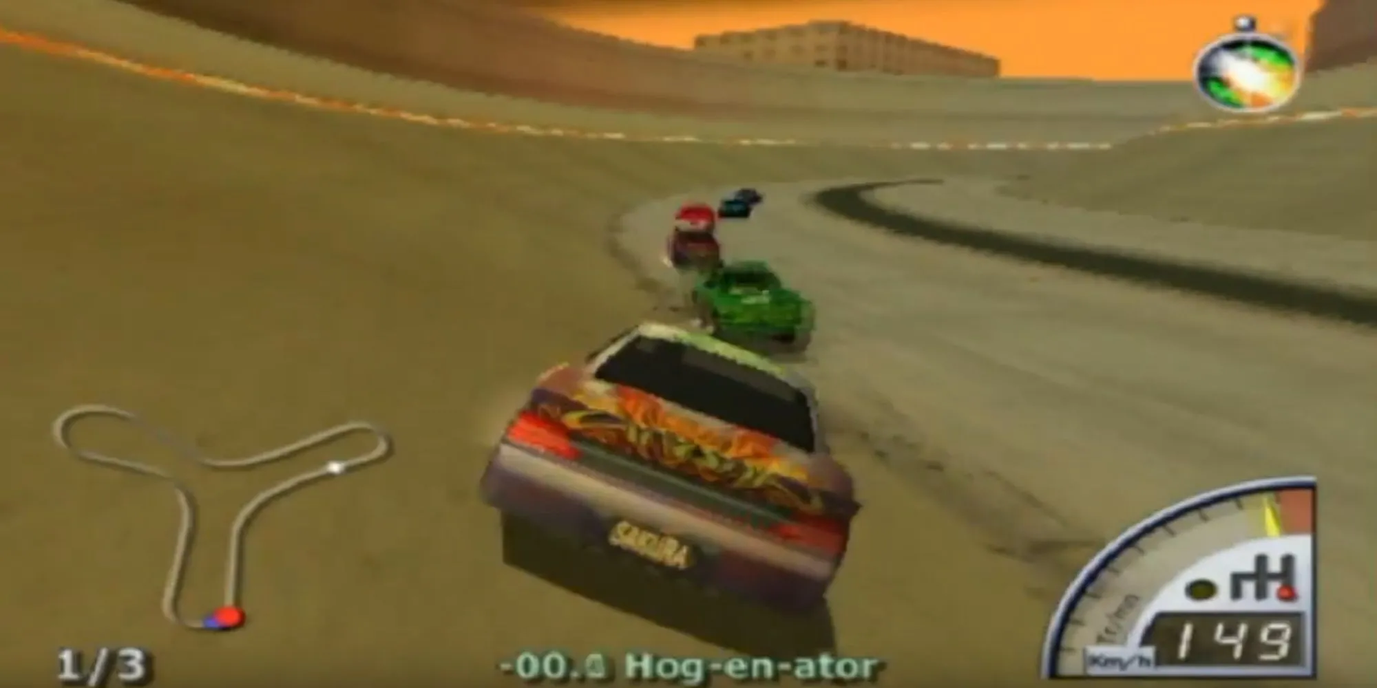 Cảnh đua xe hỗn loạn với những pha biểu diễn trên không trong Rumble Racing PS2