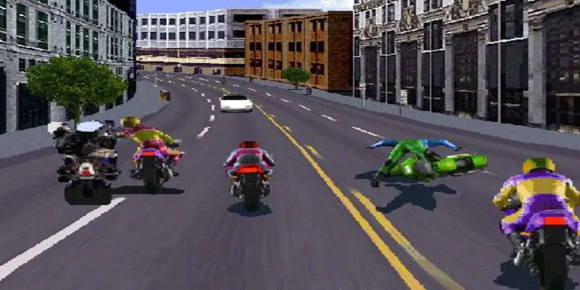 Cảnh đua xe kết hợp đánh đấm đặc trưng trong game Road Rash trên PS1