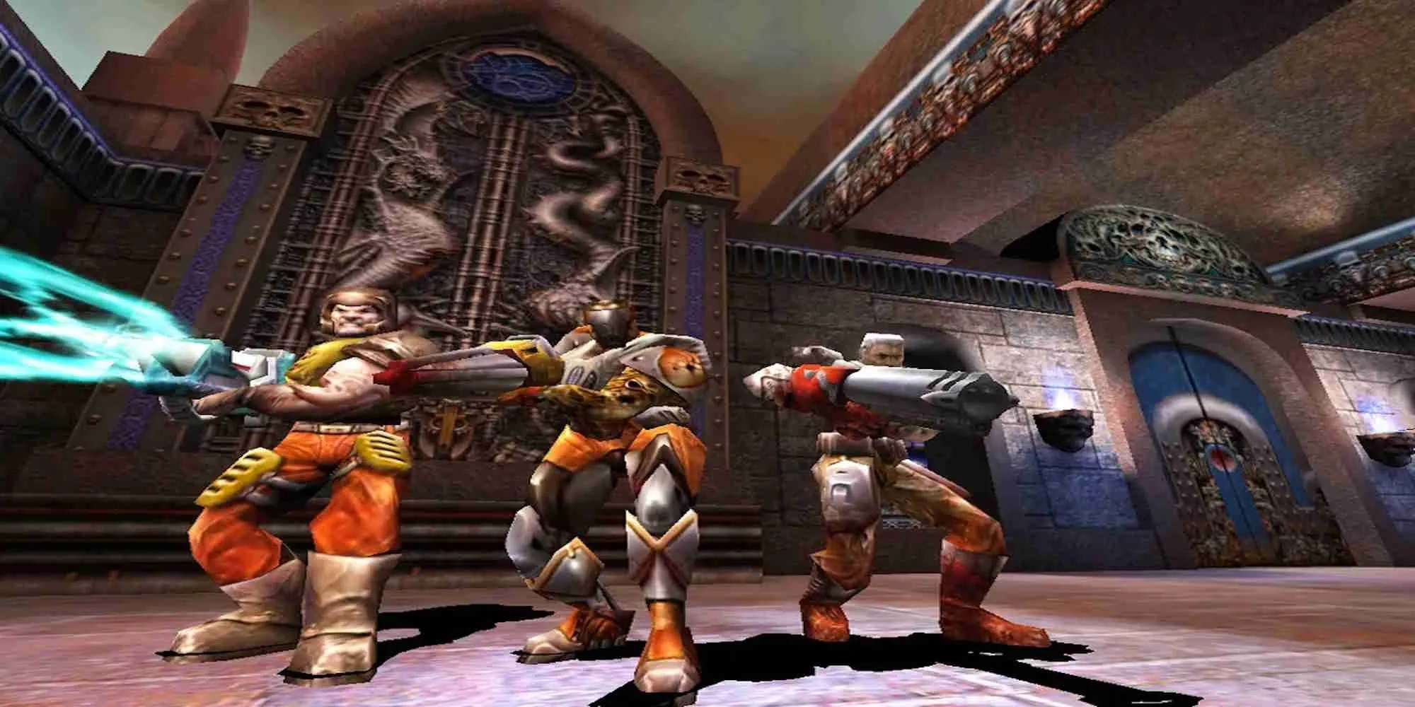 Cảnh gameplay đậm chất hành động của Quake 3 Arena với các nhân vật đang giao tranh trong đấu trường