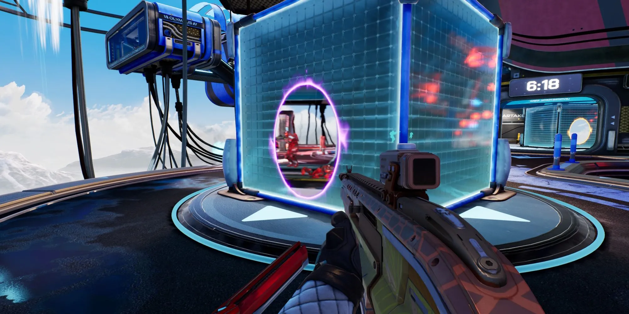Cảnh gameplay độc đáo của Splitgate hiển thị người chơi sử dụng cổng dịch chuyển