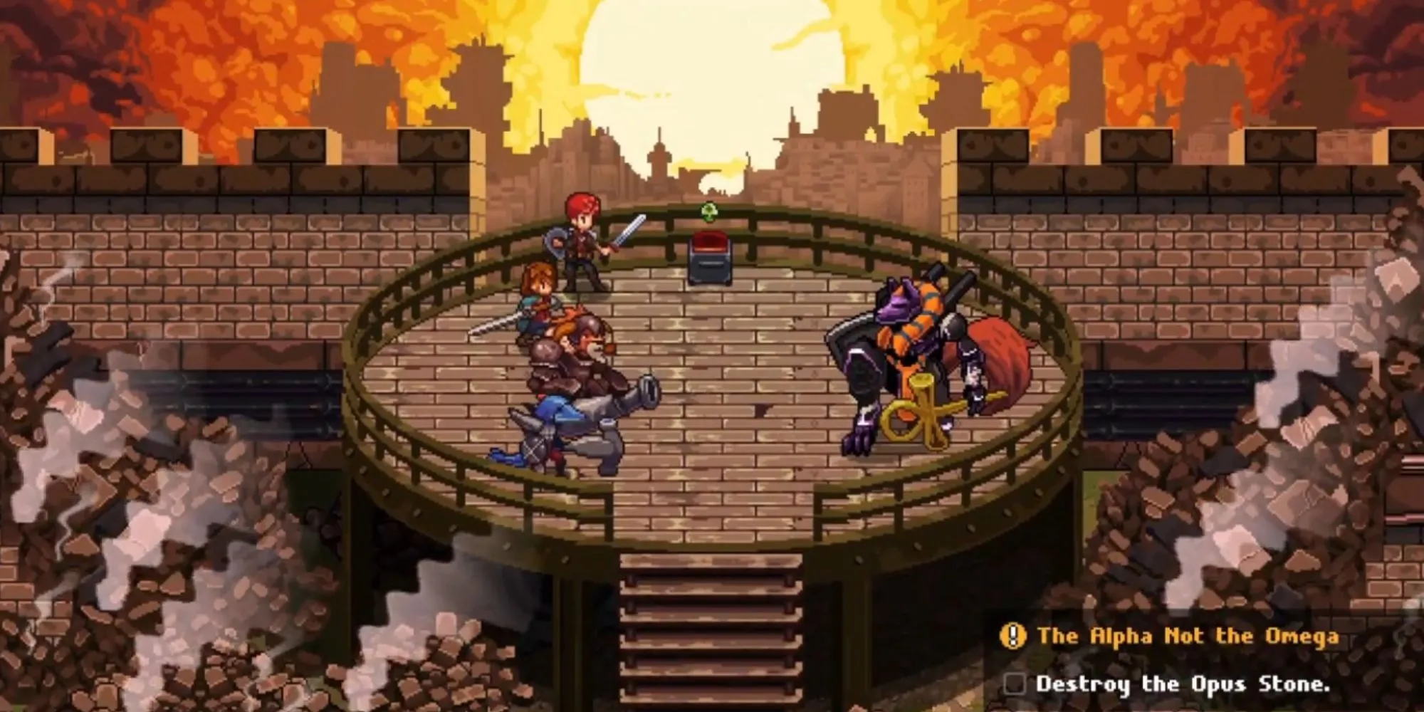 Cảnh mở đầu Chained Echoes với đồ họa pixel art gợi nhớ JRPG cổ điển