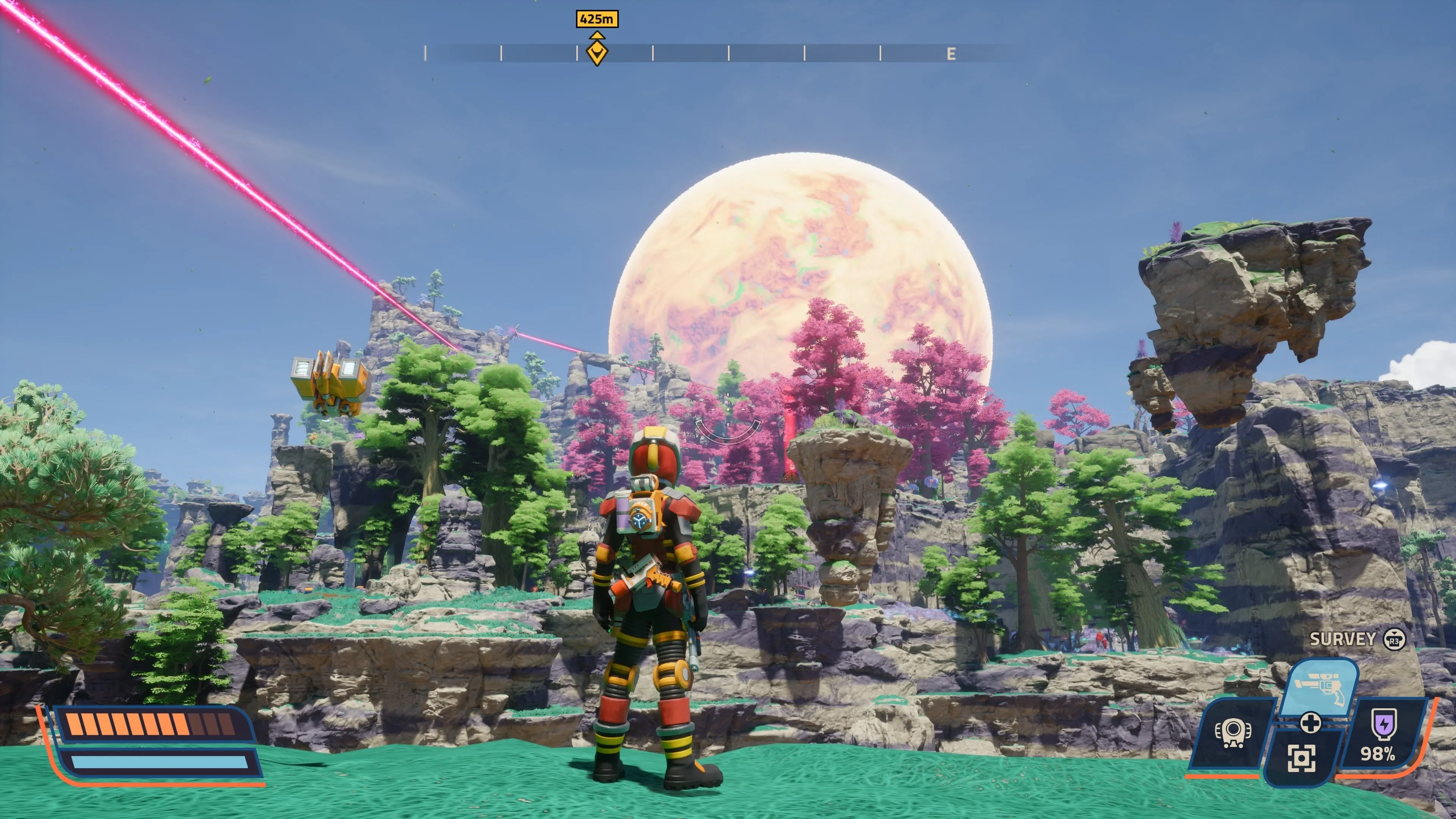 Cảnh quan tuyệt đẹp, hùng vĩ của một hành tinh ngoài không gian trong game Revenge Of The Savage Planet, minh họa đồ họa ấn tượng