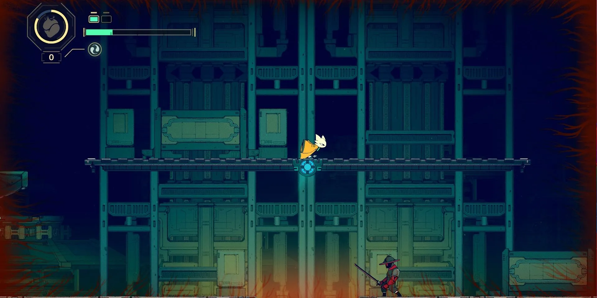 Cảnh trong game Nine Sols, nhân vật chính Yi sử dụng móc neo để di chuyển trên không.