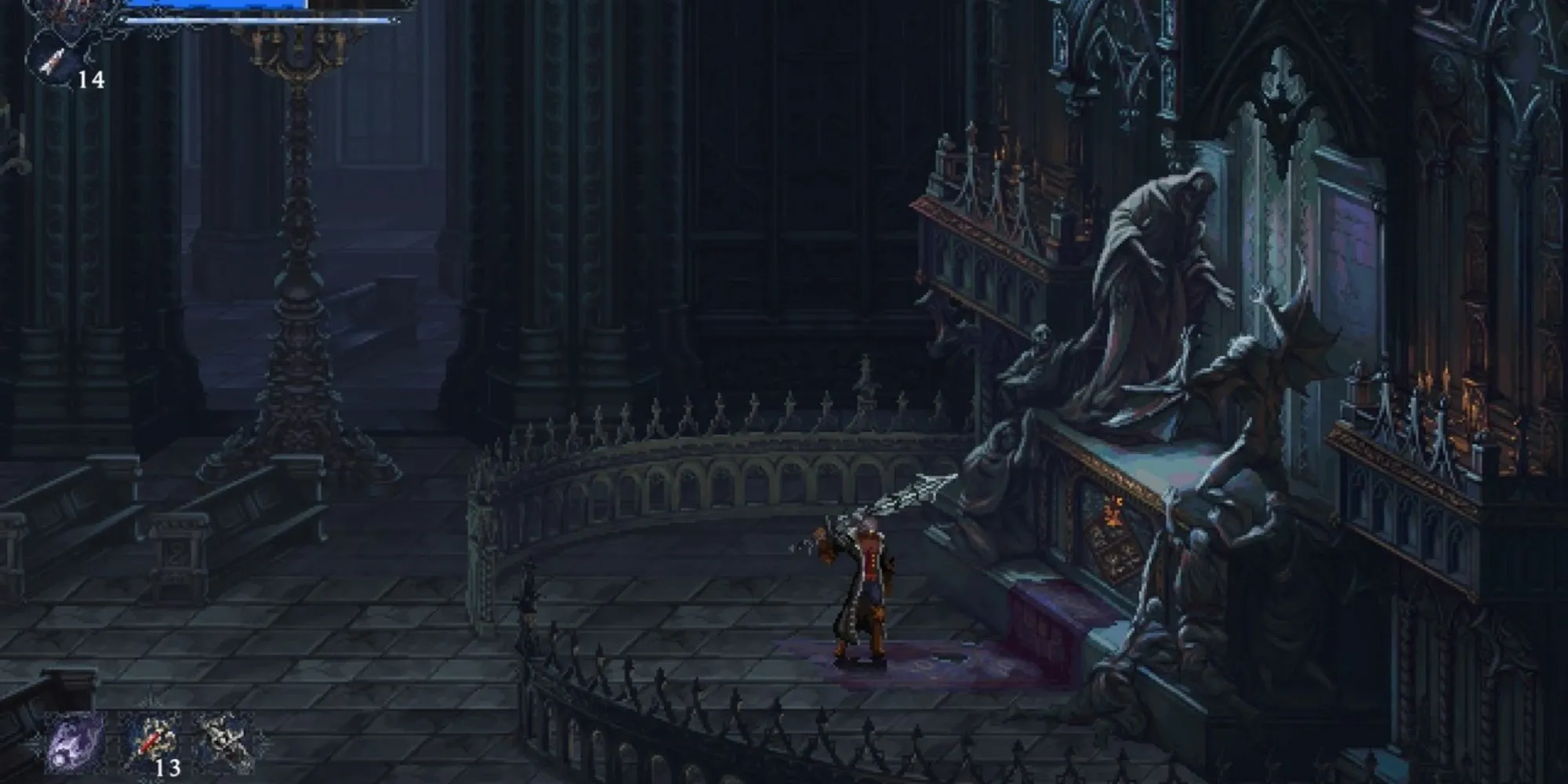 Cảnh trong game The Last Faith, thể hiện phong cách pixel art và môi trường tăm tối giống Bloodborne.