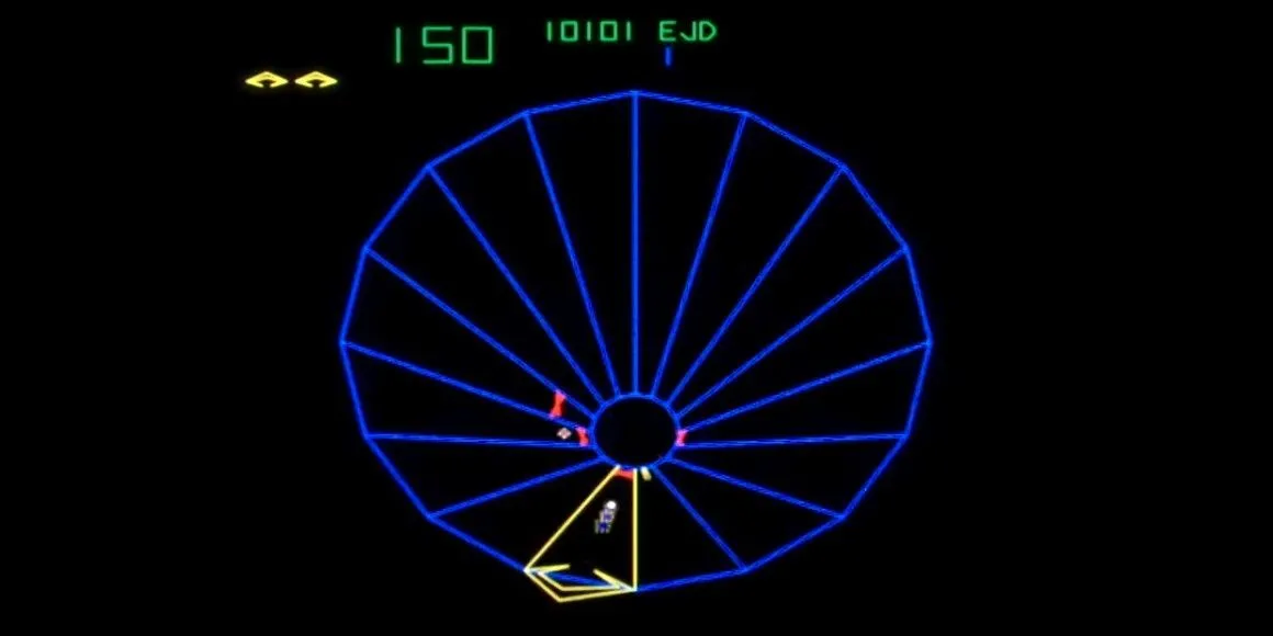 Cấp độ đầu tiên của game bắn súng ống Tempest, mô tả lối chơi di chuyển vòng quanh màn hình