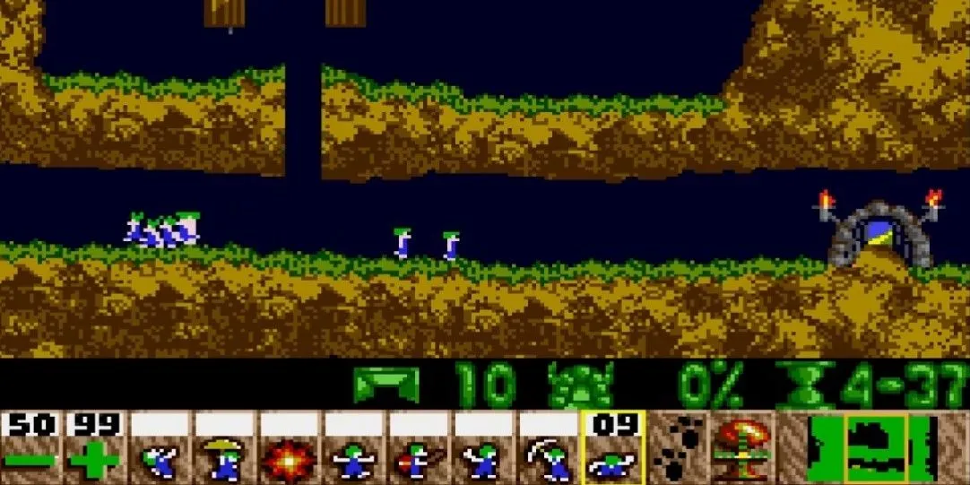 Cấp độ đầu tiên của game Lemmings, minh họa lối chơi giải đố chiến thuật độc đáo