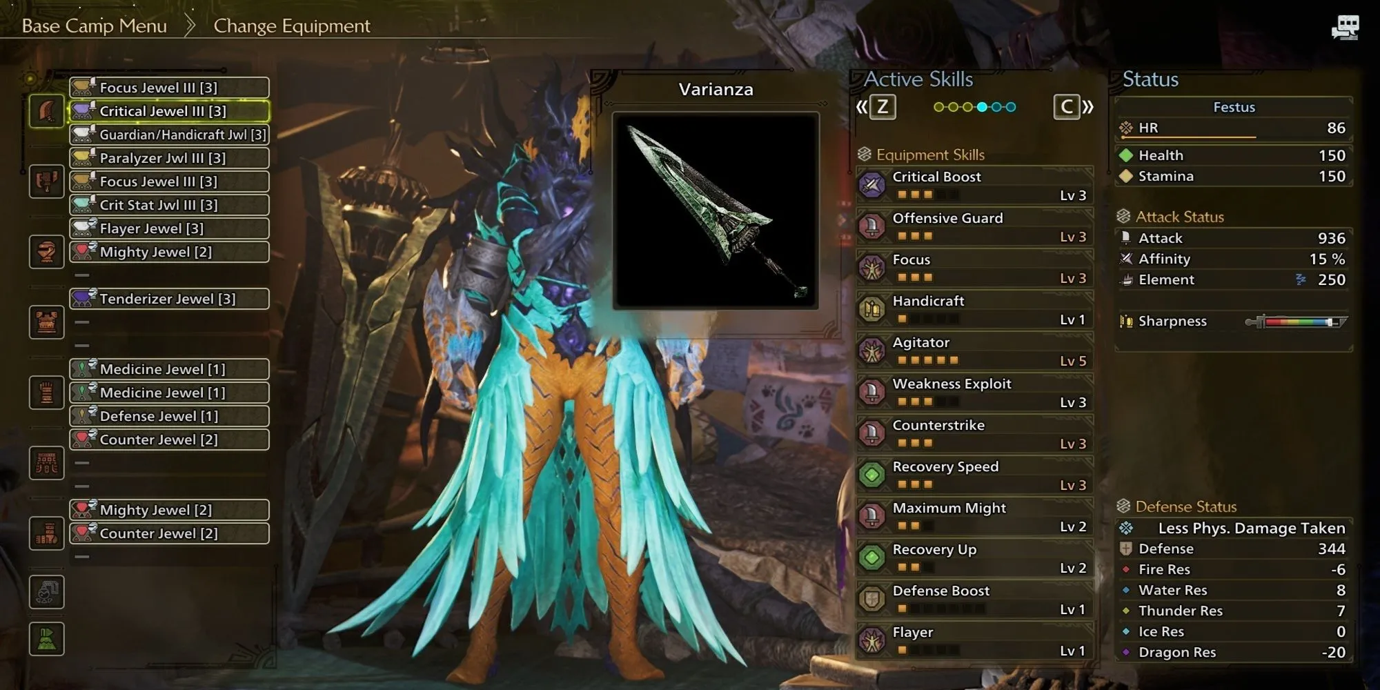 Cây Greatsword Varianza trong giao diện menu của Monster Hunter Wilds