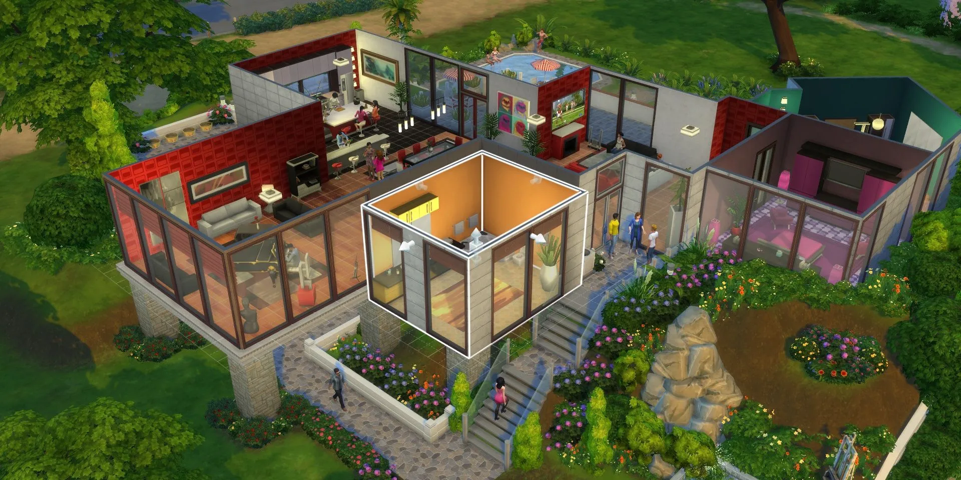 Chế độ xây dựng trong The Sims 4, người chơi đang thay đổi cấu trúc một ngôi nhà