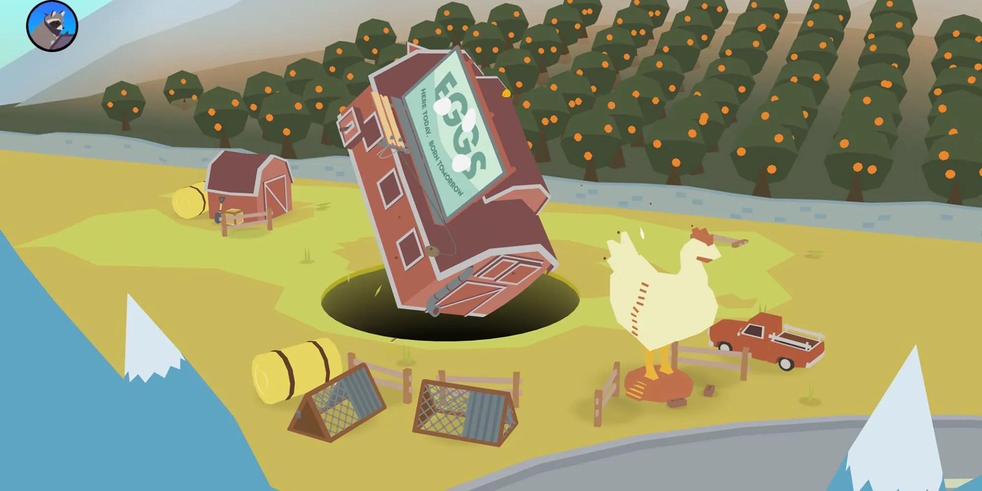 Chiếc hố đen đang nuốt chửng các đồ vật trong thị trấn của game Donut County