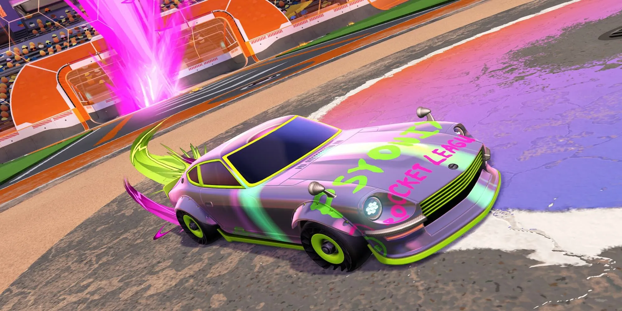Chiếc xe đua Rocket League được tùy chỉnh độc đáo với decal và phụ kiện bắt mắt