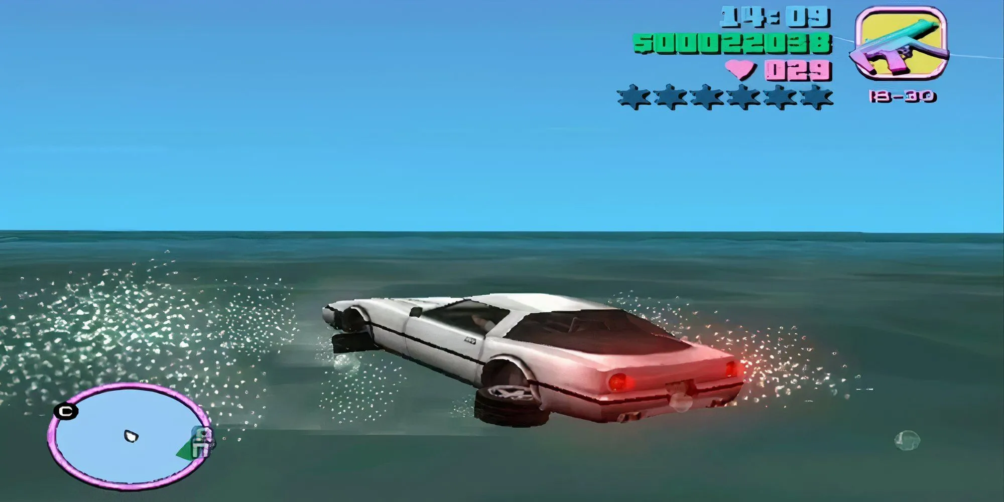 Chiếc xe thể thao màu đỏ đang chạy trên mặt nước như một chiếc thuyền nhờ mã cheat SEAWAYS trong GTA Vice City.