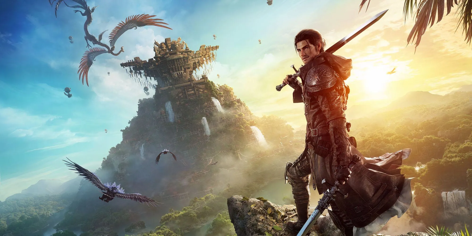 Chiến binh Ánh Sáng trong Final Fantasy 14 Dawntrail đứng oai vệ trước khung cảnh hùng vĩ với thanh kiếm trên vai