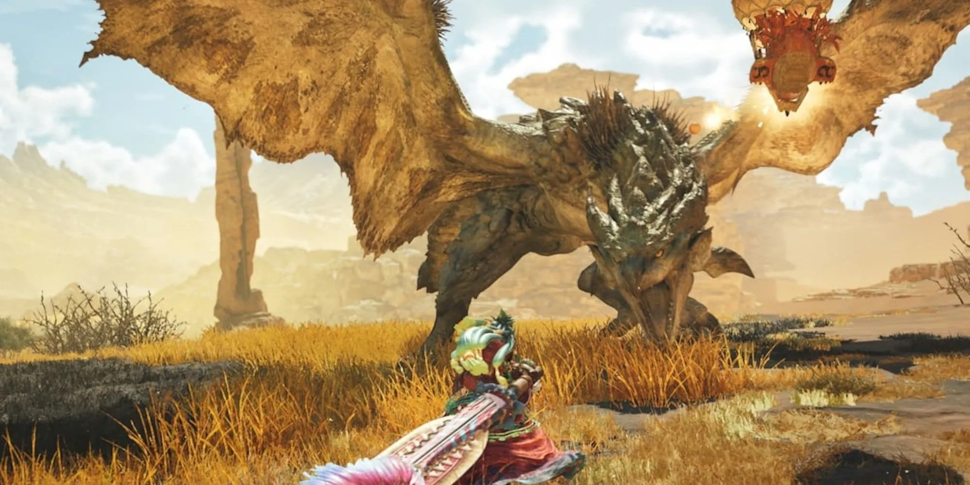 Chiến đấu với một sinh vật rồng trong game Monster Hunter Wilds