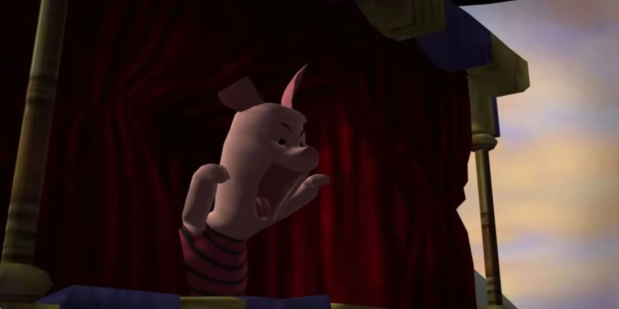 Chú lợn Piglet đang dũng cảm hét lên trong một cảnh của game Piglet's Big Game