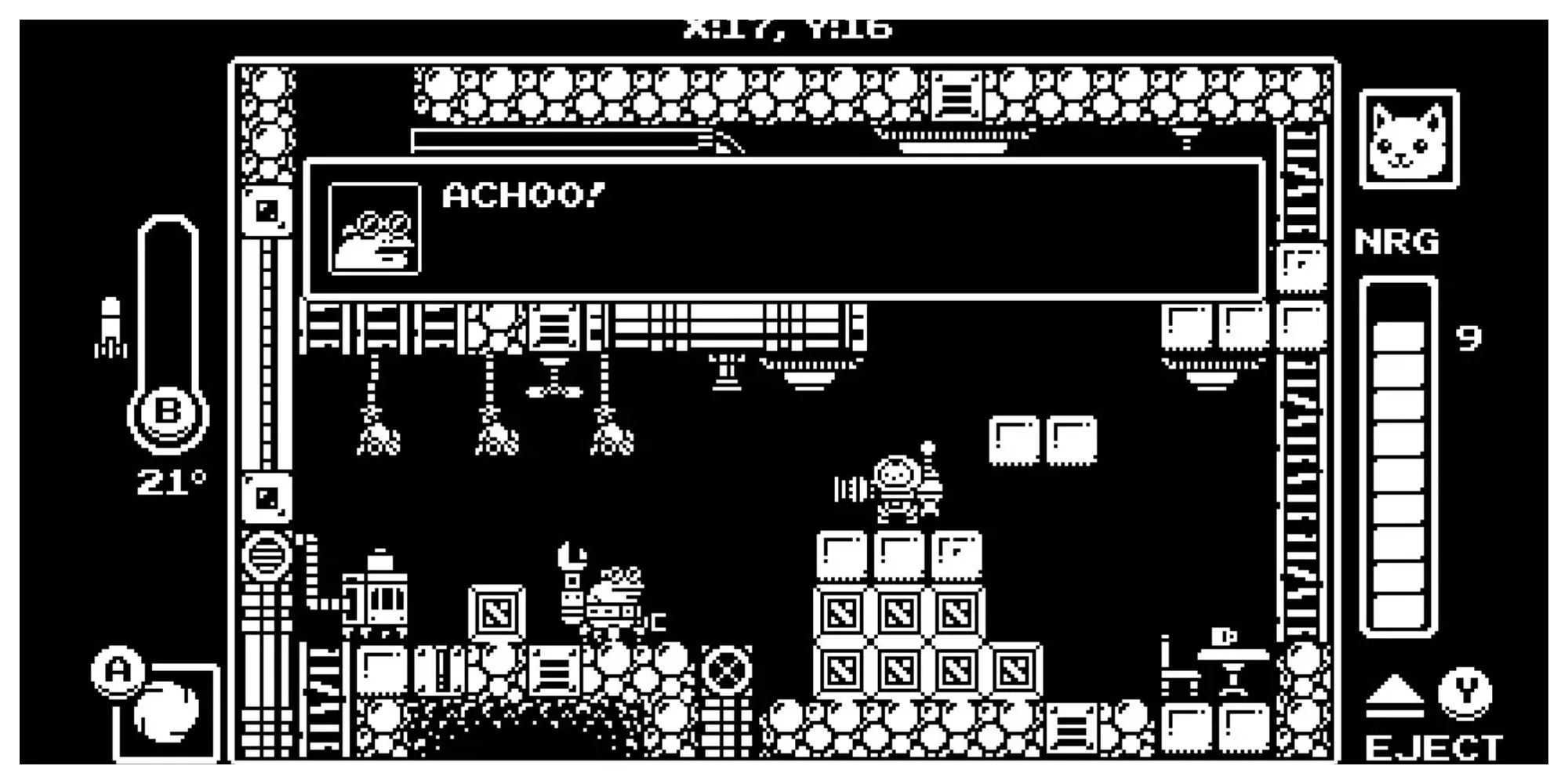 Chú mèo trong bộ giáp robot chiến đấu trong game Metroidvania Gato Roboto đồ họa pixel đen trắng