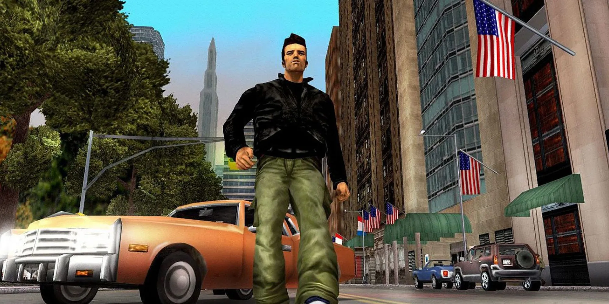 Claude đứng ở bến cảng Liberty City trong Grand Theft Auto 3