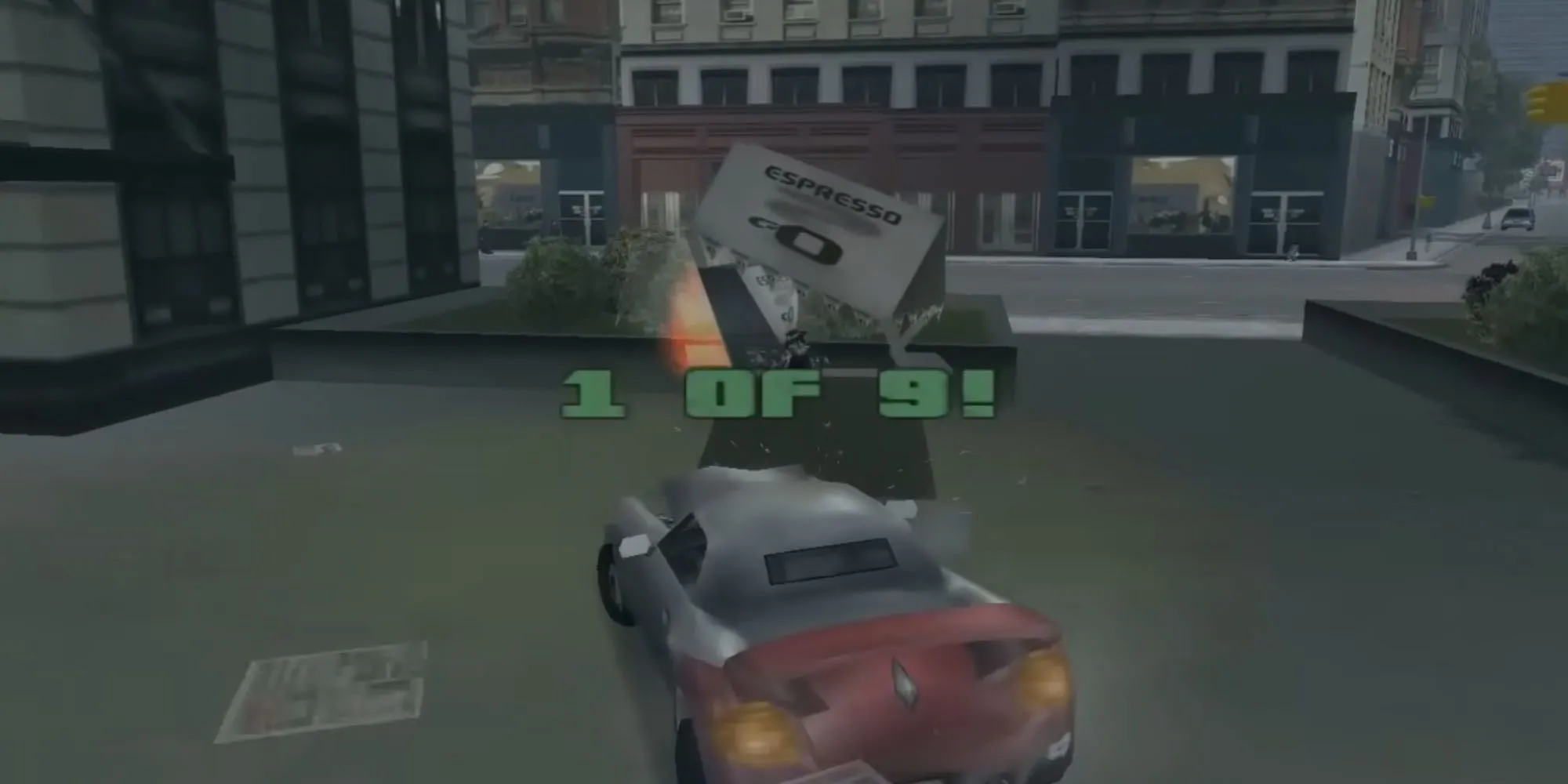 Claude lái xe tông vào một quầy cà phê Kappa của băng đảng Colombian Cartel trong nhiệm vụ Espresso-2-Go GTA 3