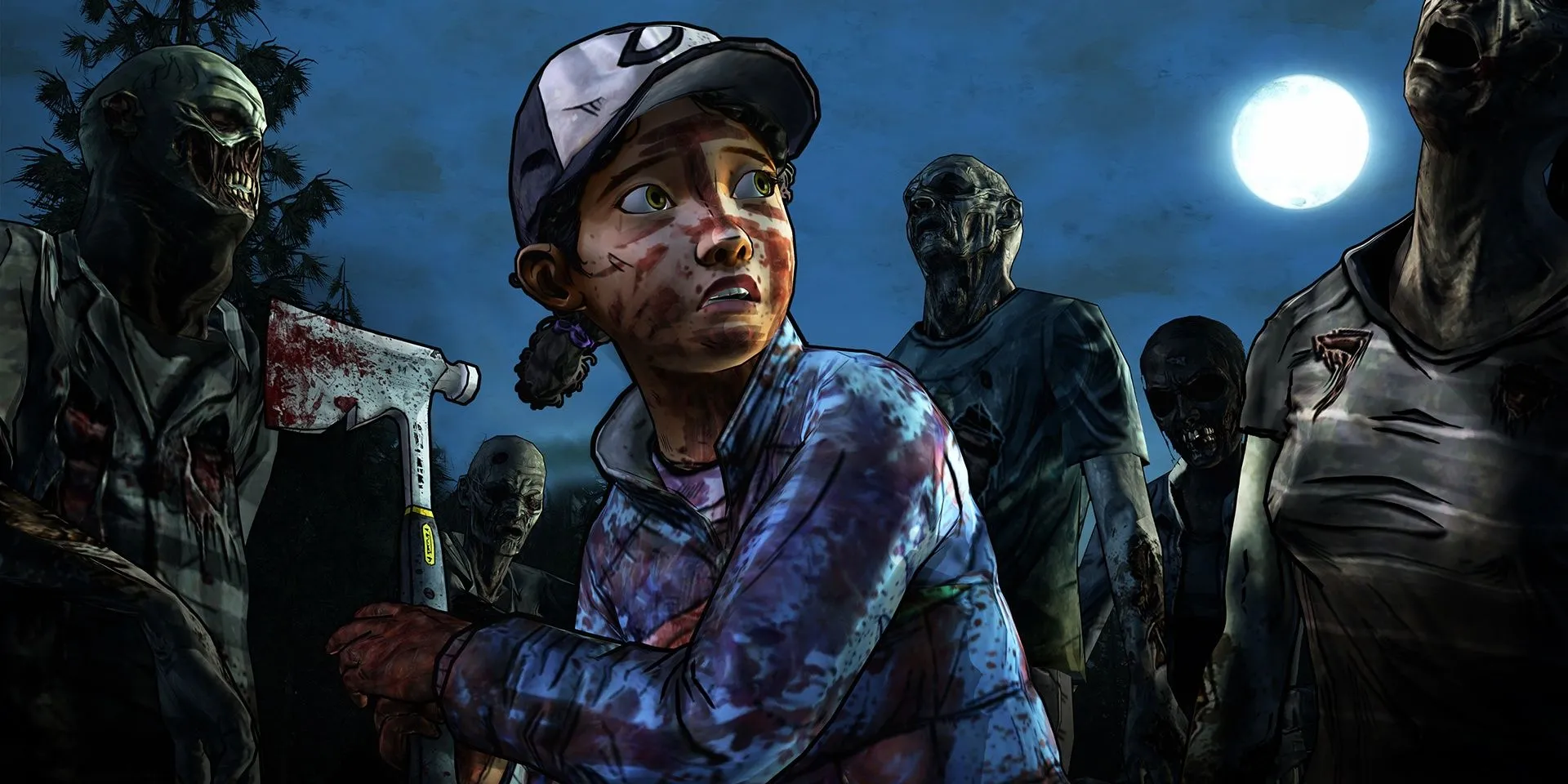 Clementine surrounded by Walkers in The Walking Dead