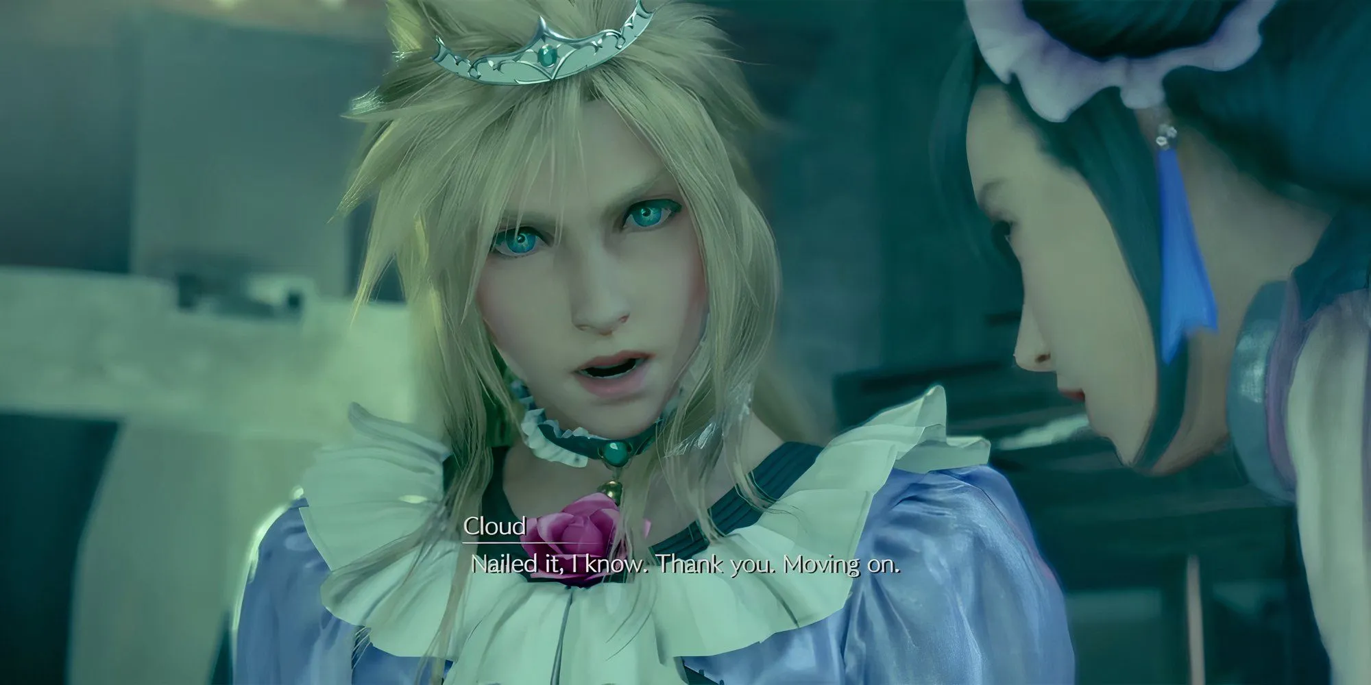 Cloud Strife mặc váy để thâm nhập nhà Don Corneo trong Final Fantasy VII