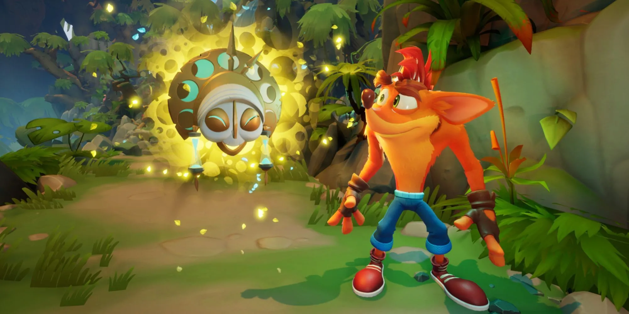 Crash Bandicoot đứng cùng một mặt nạ mới, được bao quanh bởi ánh sáng vàng trong Crash Bandicoot 4: It's About Time