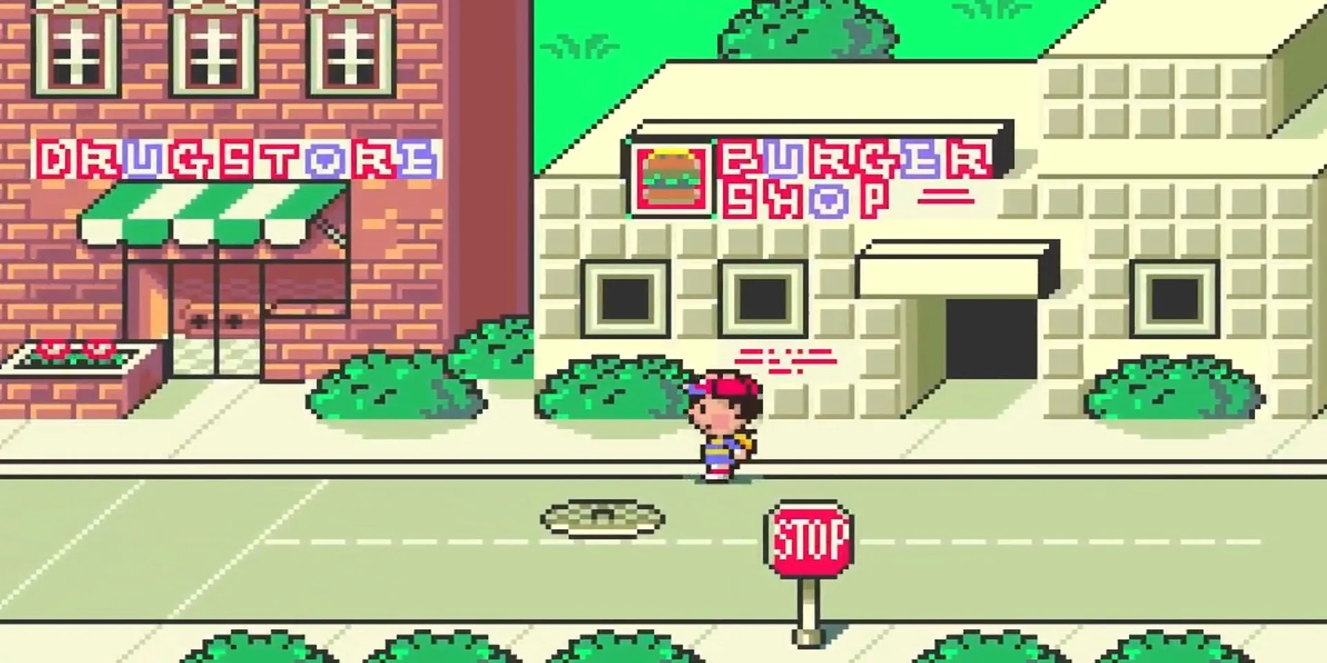 Cửa hàng thuốc và quán burger ở Onett trong Earthbound
