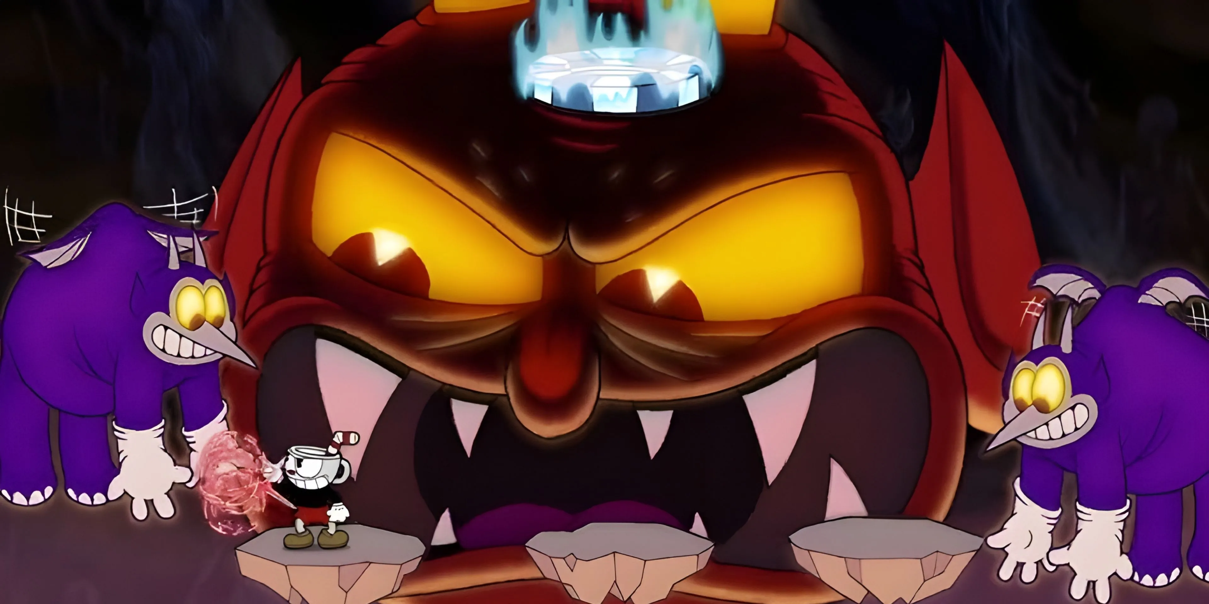 Cuphead đối đầu với trùm cuối The Devil trong một khung cảnh đầy màu sắc cổ điển