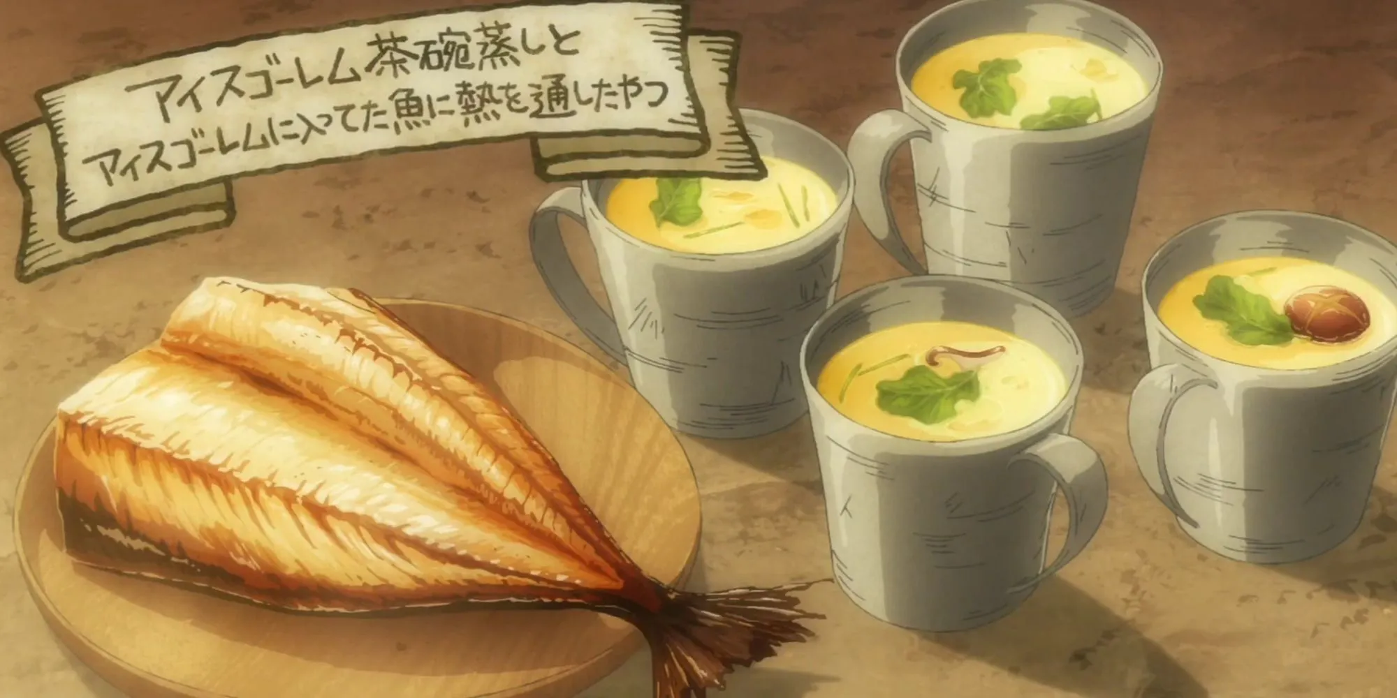 Custard trứng mặn từ Golem Băng - món ăn sưởi ấm trong Dungeon Meshi