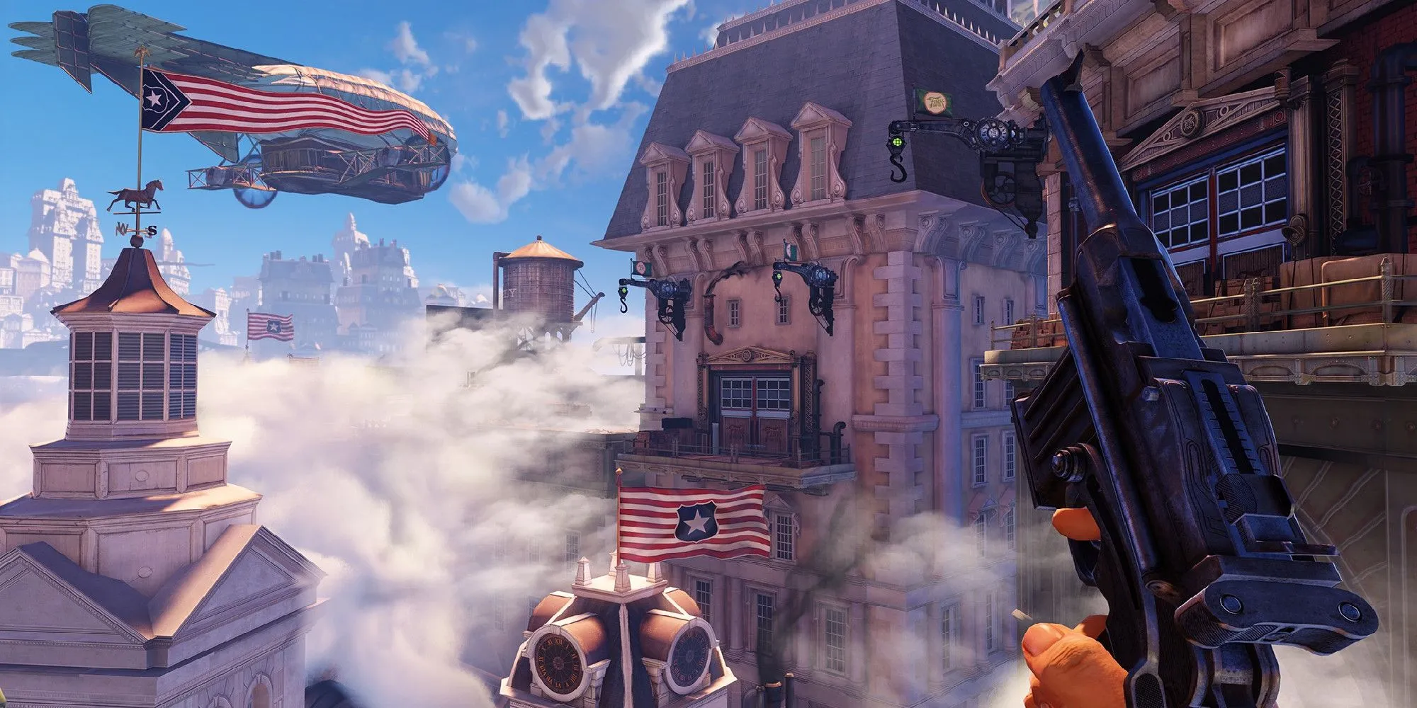 Đi bộ qua thành phố bay Columbia trong game BioShock Infinite