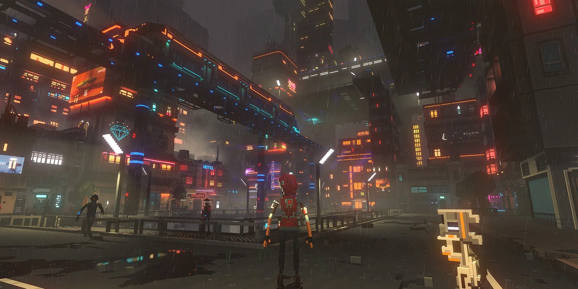 Đồ họa low-poly của Cloudpunk, thành phố cyberpunk với xe bay