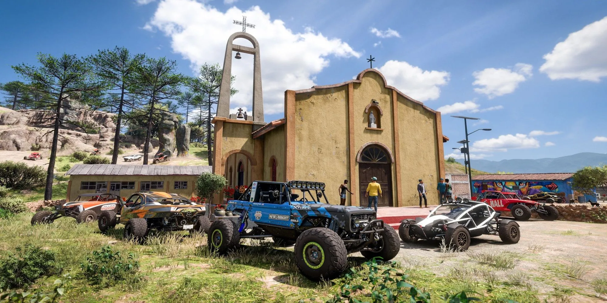 Đoàn xe trong Forza Horizon 5 xếp hàng trước nhà thờ