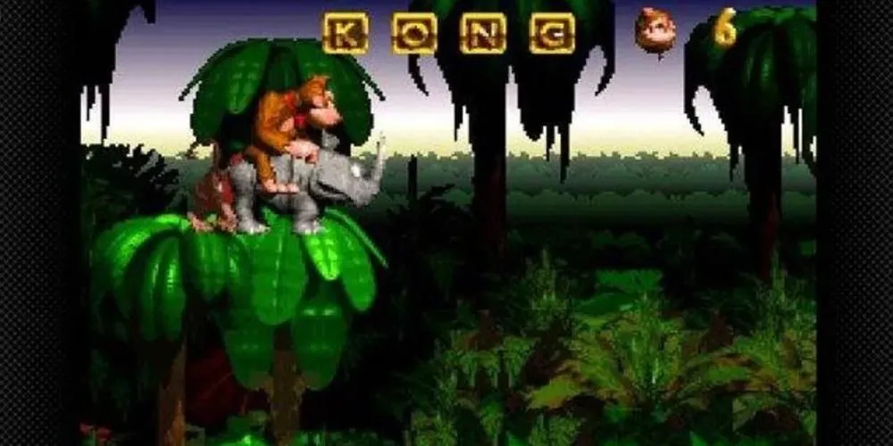 Donkey Kong cưỡi tê giác trong khu rừng rậm rạp cùng Diddy Kong phía sau trong Donkey Kong Country