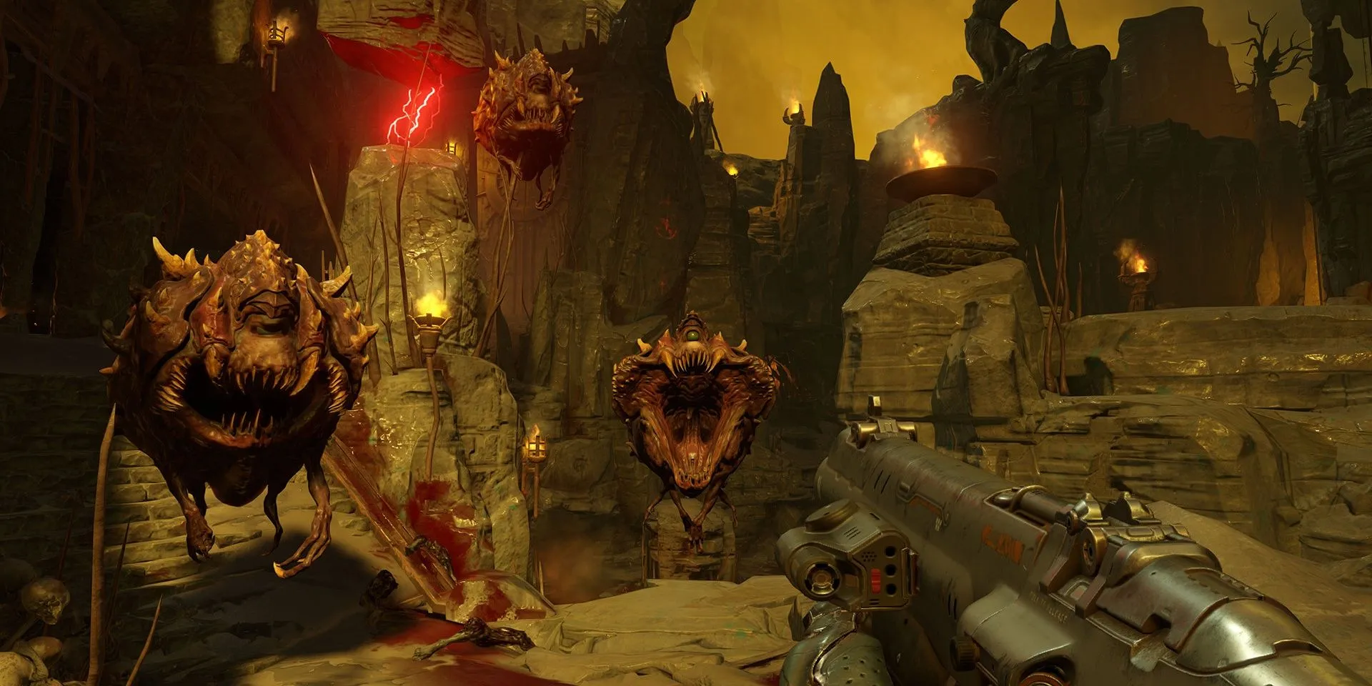 Doom Slayer đối mặt với nhiều quỷ Cacodemons trong game Doom 2016
