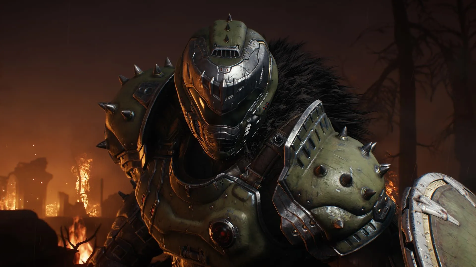 Doom Slayer trang bị khiên trong game DOOM: The Dark Ages, một tựa game hỗ trợ Xbox Play Anywhere