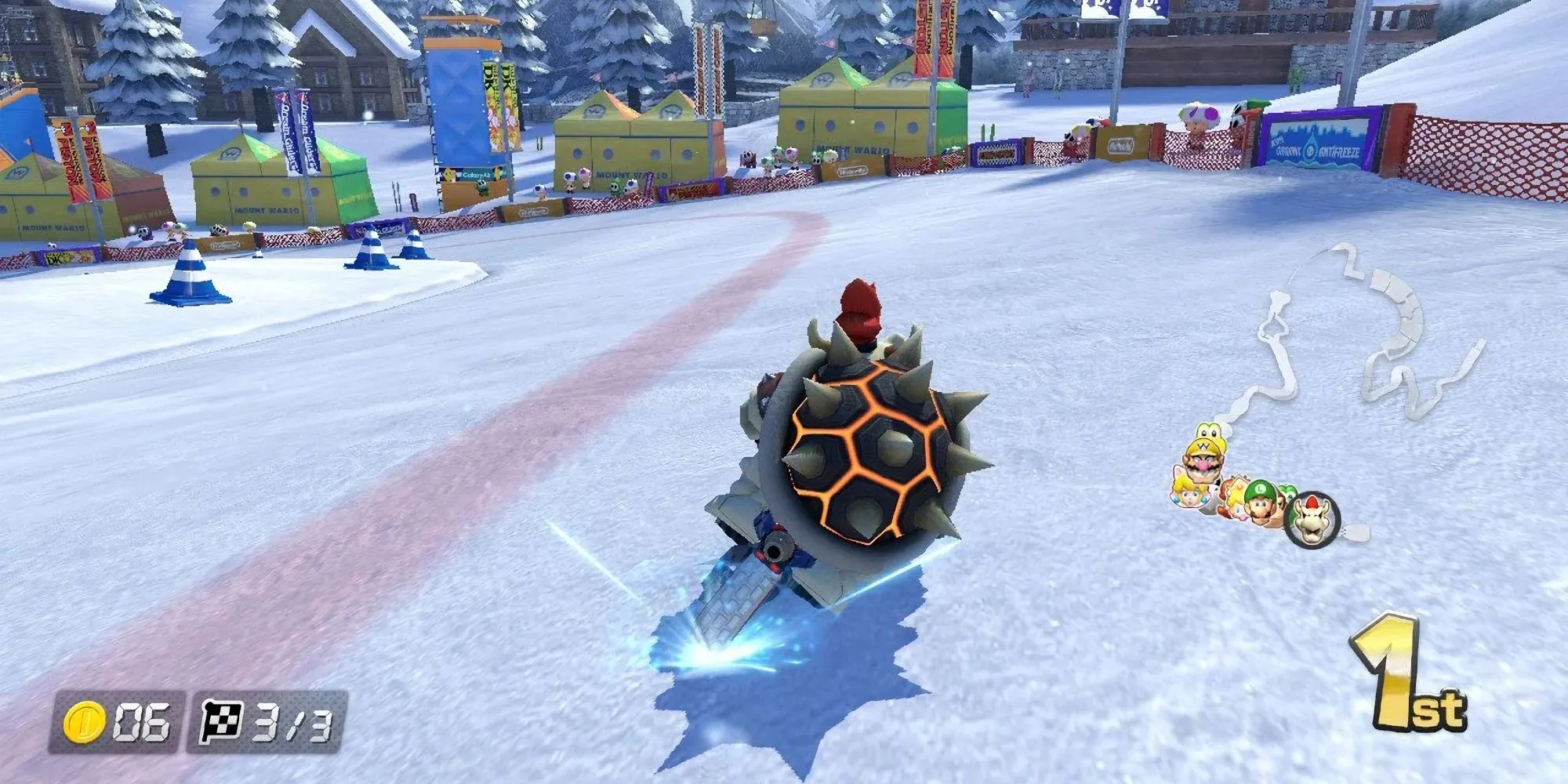 Dry Bowser đua xe trên đường đua Mount Wario trong Mario Kart 8 Deluxe