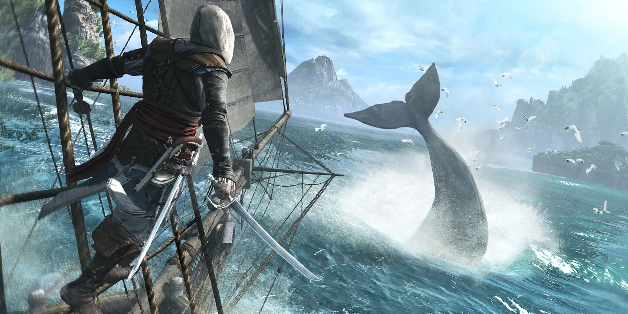 Edward Kenway ngắm cá voi từ con tàu Jackdaw trong Assassin's Creed 4: Black Flag