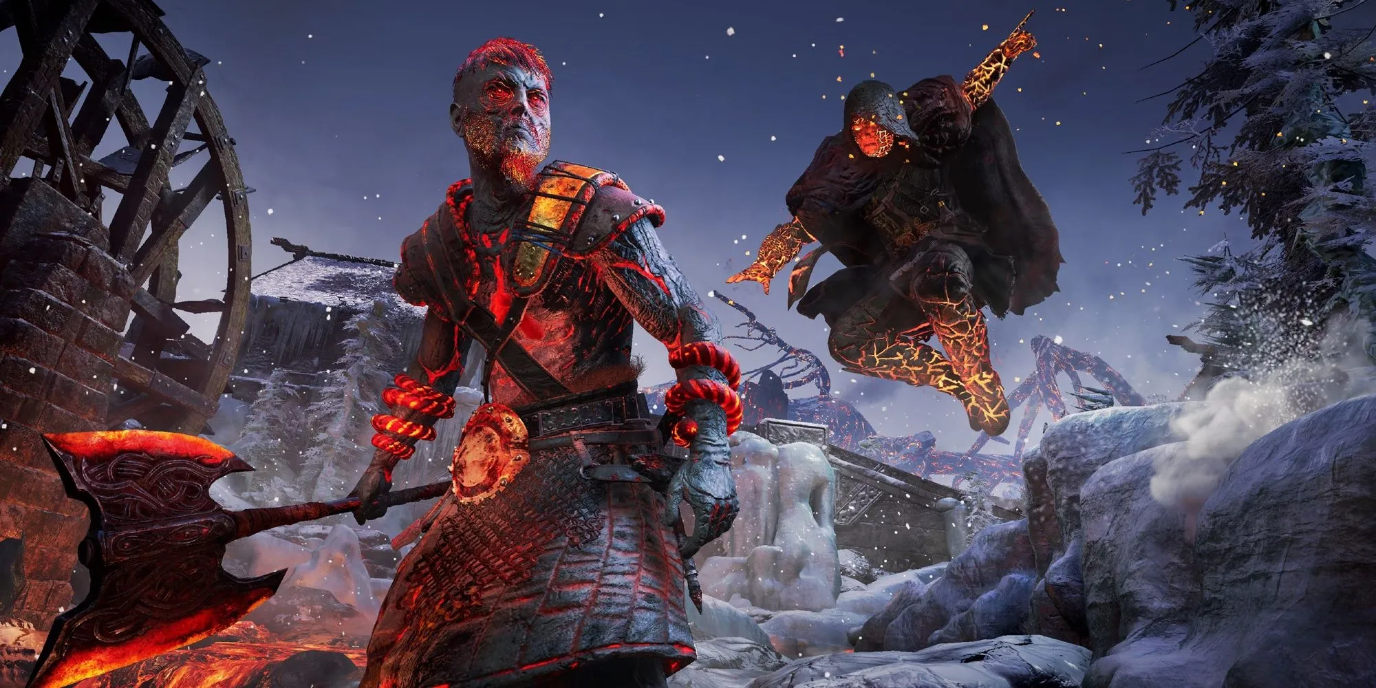 Eivor nhảy xuống tấn công kẻ thù trong Assassin's Creed Valhalla, tại cảnh chiến đấu