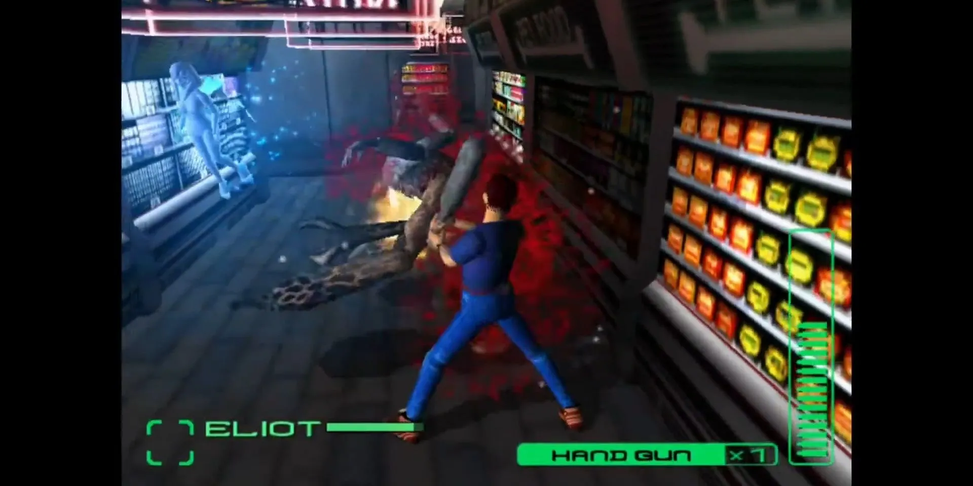 Eliot chiến đấu với quái vật bằng gậy trong Blue Stinger
