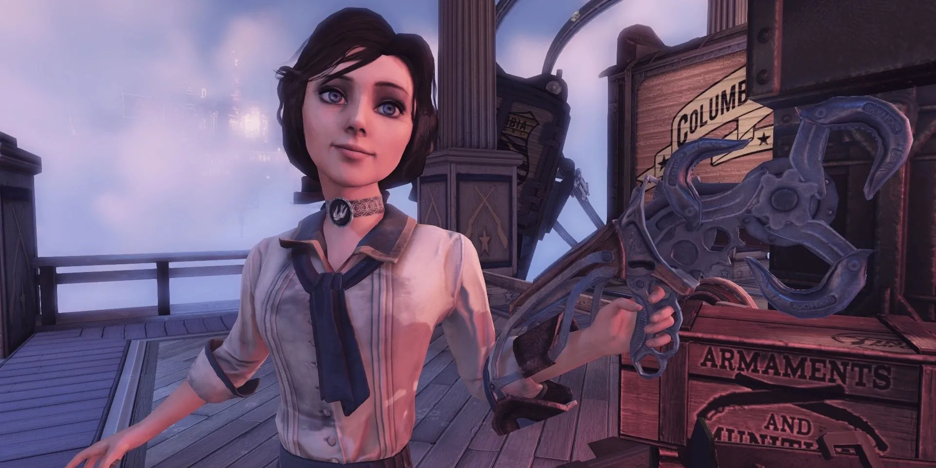 Elizabeth và Booker DeWitt sử dụng Sky-Hook di chuyển trong thế giới trên mây của BioShock Infinite