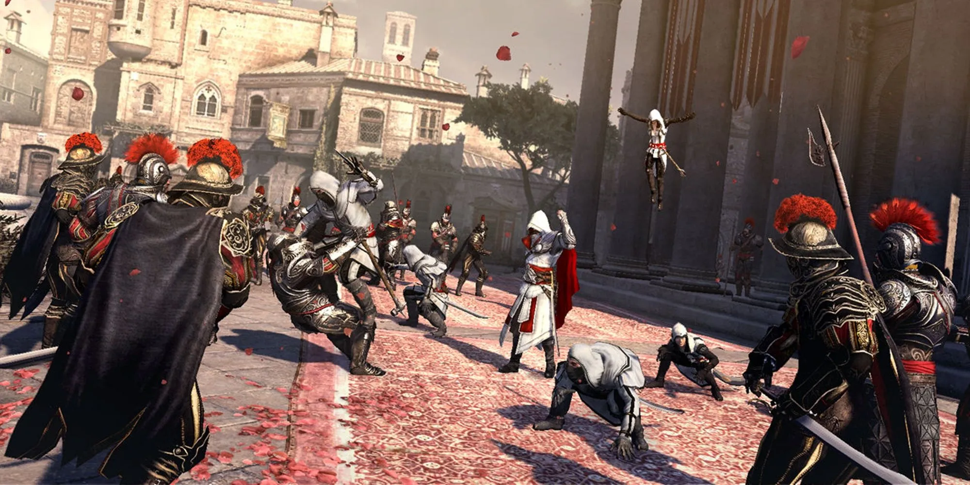 Ezio Auditore đánh bại lính canh với sự giúp đỡ của đồng đội trong Assassin's Creed Brotherhood, tại Rome